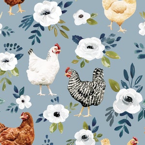 Blue Chicken Floral Fabric, Fabric by the Yard, Cate and Rainn, Quilting Cotton, Broadcloth, Organic Cotton, Spandex, Bamboo, Canvas