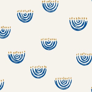 Bright Blue Menorah Fabric, Hanukkah Fabric, Erin Kendal, Fabric by the Yard, Quilting Cotton, Bamboo, Canvas, Sateen, Spandex, Broadcloth