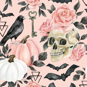 Pink Halloween Skull Floral Fabric, Fabric by the Yard, Halloween Fabric, Cate & Rainn, Quilting Cotton, Bamboo, Jersey, French Terry