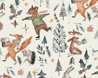 Christmas Woodland Animal Fabric, Fabric by the Yard, Petit Faon, Quilting Cotton, Broadcloth, Canvas, Sateen, Spandex, Bamboo, Minky