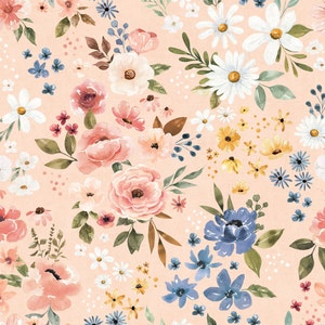 Blush Pink Spring Floral Fabric, Flower Fabric, Fabric by the Yard, Cate & Rainn, Quilting Cotton, Sateen, Knit Fabric, Canvas, Swim Fabric