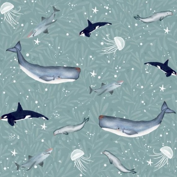 Ocean Animal Fabric, Fabric by the Yard, Custom Fabric, Whale Fabric, Quilting Cotton, Swim Fabric, Boardshort Fabric, Bamboo, Jersey,Canvas