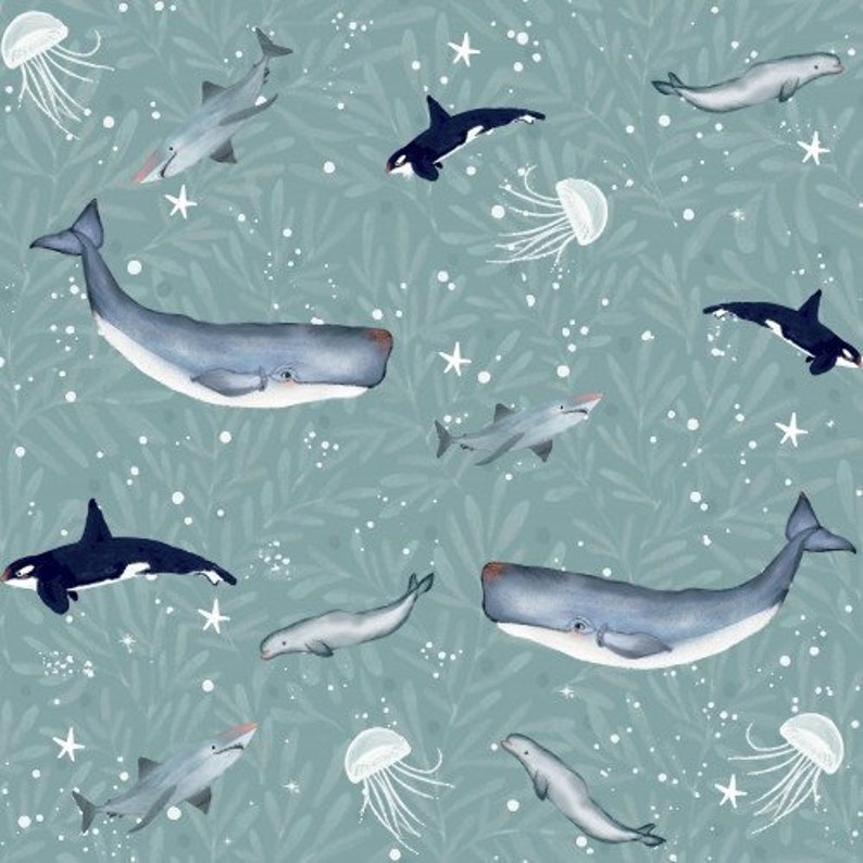 May include: A teal-colored pattern featuring various marine life illustrations. The design includes whales, sharks, orcas, jellyfish, and starfish. The illustrations are in shades of blue, white, and gray, creating a whimsical underwater theme.