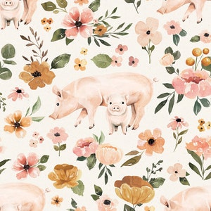 Cream Floral Pig Fabric, Fabric by the Yard, Cate and Rainn, Farm Fabric, Quilting Cotton, Ribbed Knit, Jersey, Spandex, Canvas, Sateen