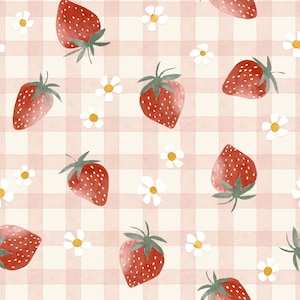 Peut inclure: Motif aquarelle répété de fraises rouges avec des tiges vertes et des marguerites blanches sur un fond à carreaux rose et crème. Le motif crée un motif sans couture sur la surface.