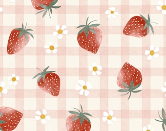 Pink Strawberry Fabric, Fruit Fabric, Fabric by the Yard, Tate Made Modern, Quilt Fabric, Sateen, Broadcloth, Minky, Knit Fabric, Canvas