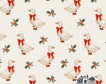 Christmas Goose Fabric, Holly Berry Bow Fabric, Fabric by the Yard, Louise Rowles, Quilting Cotton, Knit Fabric, Canvas, Minky, Sateen