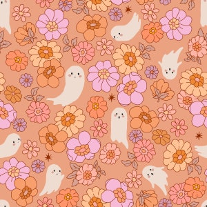 Ghosts and Flowers Fabric, Fabric by the Yard, Halloween, Thread Mama, Quilting Cotton, Bamboo, Jersey, Canvas, Spandex, Broadcloth, Canvas