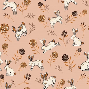 Hopping Bunny Fabric, Fabric by the Yard, Pink Rabbit Fabric, Floral Fabric, Juniper Row Design, Quilting Cotton, Bamboo, Spandex,Broadcloth