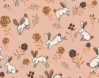 Neutral Bunny Fabric, Fabric by the Yard, Rabbit Fabric, Floral Fabric, Juniper Row Design, Quilting Cotton, Bamboo, Spandex,Broadcloth