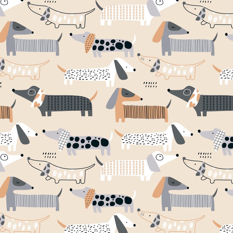 May include: A repeating pattern of stylized dachshund dogs in various colors, including white, gray, and tan, with black and white accents. The dogs have different patterns and markings, set against a light beige background.