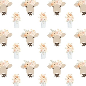 Floral Cow Fabric, Indy Bloom Design, Fabric by the Yard, Clara Cow, Quilting Cotton, French Terry, Bamboo, Cotton Spandex, Canvas