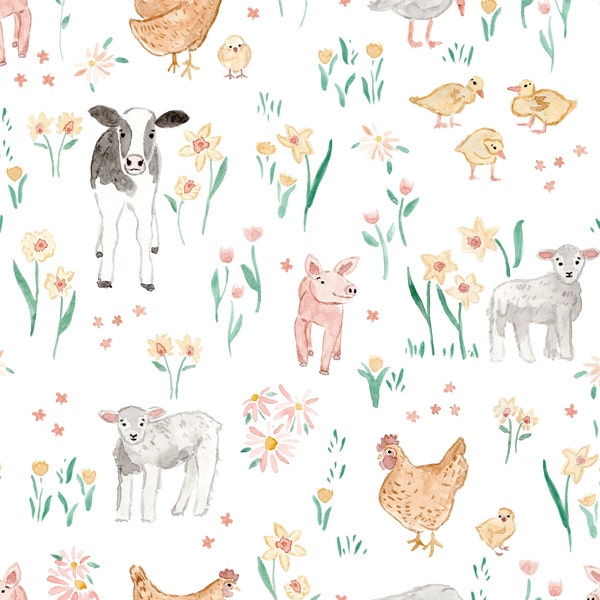 Baby Farm Animal Fabric, Fabric by the yard, Barnyard Fabric, Tate Made Modern, Quilting Cotton, Knit Fabric, Canvas, Broadcloth, Bamboo