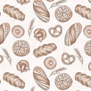 May include: A repeating pattern of various baked goods, including loaves, bagels, pretzels, and braided bread, in shades of brown. Wheat stalks are interspersed throughout the design, all set against a light beige background.