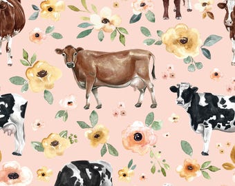 Pink Cow Floral Fabric, Farm Fabric, Dairy Cow, Fabric by the Yard, Cate and Rainn, Quilting Cotton, Lawn, Broadcloth, Minky, Knit Fabrics