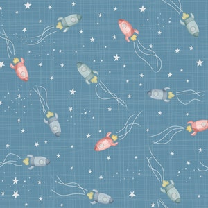 Blue Spaceship Fabric, Galaxy Fun Fabric, Fabric by the Yard, Quilting Cotton, Spandex, Jersey, Bamboo, French Terry, Spandex, Canvas