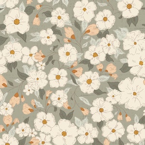Tkanina w kwiaty w kolorze Dusty Green Boho, tkanina w kwiaty, tkanina cięta na wymiar, Deer Fiorella, bawełna pikowana, satyna, dzianina, płótno, tkanina do pływania