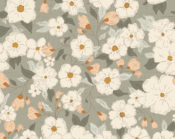 Dusty Green Boho Blumen Stoff, Blumen Stoff, Meterware, Hirsch Fiorella, Quilt Baumwolle, Sateen, Strickstoff, Leinwand, Swim Stoff