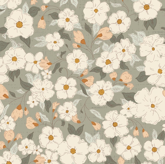 Dusty Green Boho Floral Fabric, Flower Fabric, Fabric by the Yard, Deer Fiorella, Quilting Cotton, Sateen, Knit Fabric, Canvas, Swim Fabric