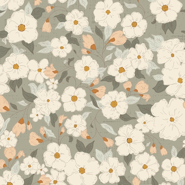 Tela floral bohemia verde polvoriento, tela de flores, tela cortada a medida, ciervo Fiorella, algodón para acolchado, satén, tela de punto, lona, tela para baño