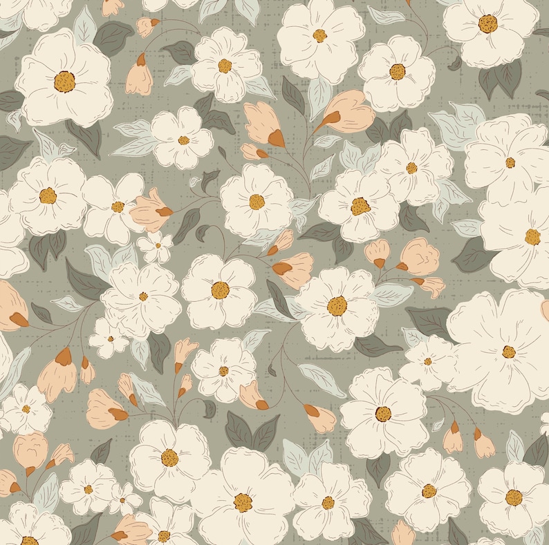 May include: A seamless pattern featuring white flowers with yellow centers on a sage green background. The flowers are surrounded by small green leaves and peach-colored buds.