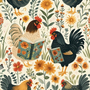 May include: A colourful illustration featuring two chickens reading books. The chickens are surrounded by flowers and greenery. The chickens are wearing red, black and white feathers. The books are open and have colourful illustrations on the pages.