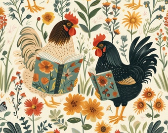 Chicken Floral Fabric, Reading Chickens, Fabric by the yard, Farm Animal Fabric, Tori Egeler, Quilting Cotton, Knit Fabric, Canvas, Sateen