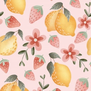 Strawberry Lemon Fabric, Fabric by the Yard, Krystal Winn, Summer Fabric, Swim Fabric Quilting Cotton, Bamboo, Spandex, Jersey, Canvas
