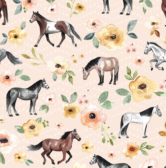 Rosa Pferdestoff, Pferde Blumenstoff, Meterware, Cate Rainn