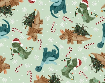 Christmas Dinosaur Fabric, Dinosaur Santa Fabric, Fabric by the Yard, Brittany Frost, Quilting Cotton, French Terry, Canvas, Minky, Spandex