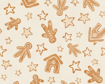 May include: A seamless pattern featuring gingerbread cookies in the shape of stars, houses, and gingerbread people. The cookies are a light brown color and are set against a cream background.