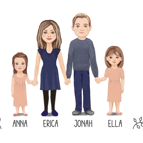 Familienbild personalisiert, Geschenkidee für Mutter, Vater, Mama Geschenk FAMILIENPORTRAIT - individuelles ILLUSTRATION, - Family portrait