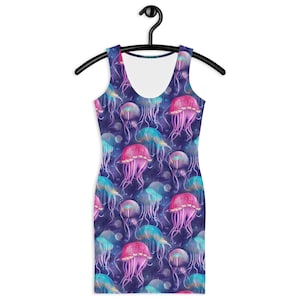 May include: Sleeveless dress with a vibrant jellyfish pattern. The dress features a scoop neck and a bodycon silhouette. The design showcases colorful jellyfish in shades of pink, blue, and teal against a dark blue background, creating a whimsical and eye-catching look.