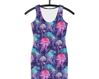May include: Sleeveless dress with a vibrant jellyfish pattern. The dress has a scoop neck and a bodycon silhouette. The design features colourful jellyfish in shades of pink, blue, and teal against a dark blue background, creating a whimsical and eye-catching look.
