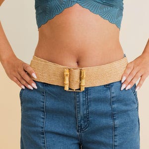 Eco Friendly Raffia Elastic Bamboo Style Buckle Waist Belt