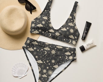 Moons and Stars high-waisted bikini, Swimsuit, Swimwear, Swimming Apparel, Beach Apparel