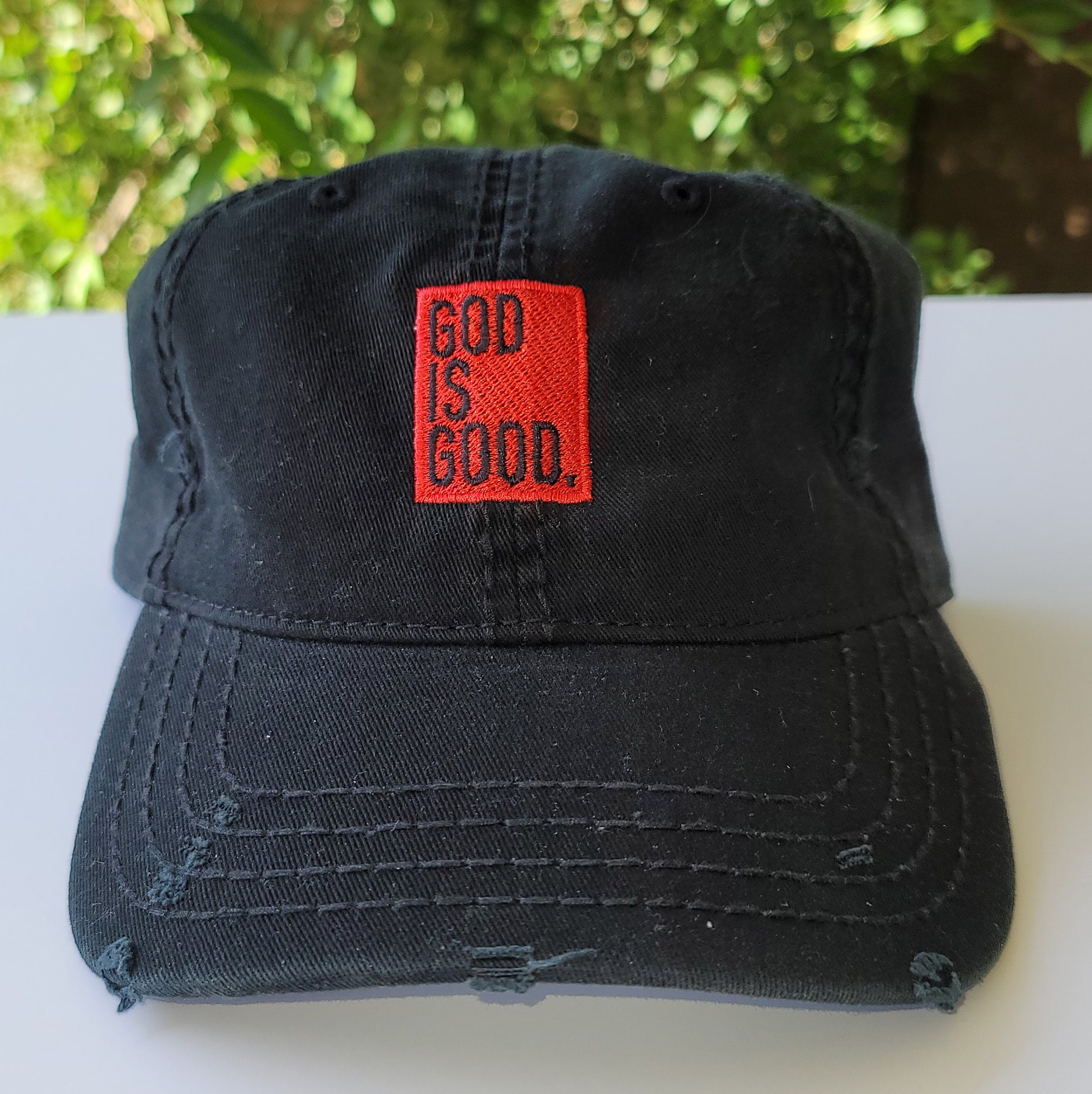 God is Good Distressed Dad Hat Red and 