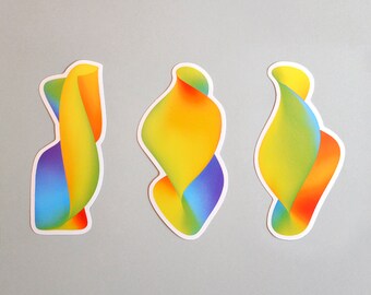 Pack of 3 decorative stickers "Rainbow Twist" heavyweight white gloss vinyl weather resistant bright abstract rainbow original design