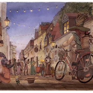 Rue des Renards, Streghe e Maghi Arte, Stampa Digitale, Vecchia Europa, Poster, Città Medievale, Regalo per gli amanti del Fantasy, Arte per gli amanti delle Volpi