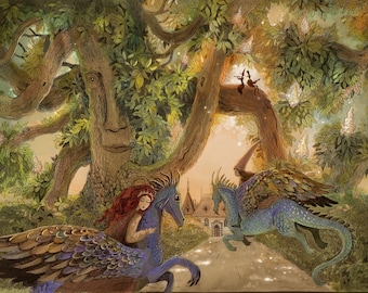 May include: A whimsical illustration of two women riding winged dragons through a forest. The women are wearing crowns and flowing robes. The dragons are blue and green with iridescent wings. The forest is lush and green with a large tree in the background. The tree has a face carved into its trunk.