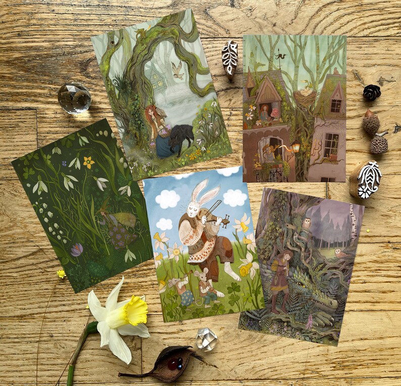 set of 5 postcards for Easter, Spring Equinox and Spring Magic. High definition print on A6 format , 10,5 x 14,8 cm
