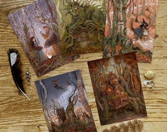 Set of 5 art cards,  Magical Woodland