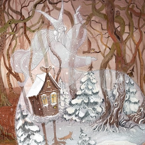 May include: A white, ethereal figure with horns and a long white robe stands in a snowy forest. A small, wooden house with legs stands on a snowy hill in the foreground. The house has two windows with yellow light shining from inside. A small fox walks in the snow.