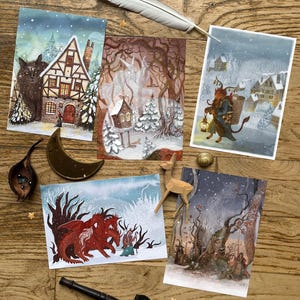 Winter Solstice postcards set, Christmas folktale art, inspired by Slavic and Nordic Mythology, Krampus, Baba Yaga, Yule Cat