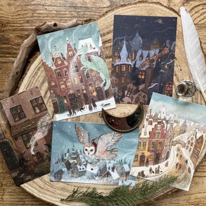 Whimsical Winter Postcards, Set of 5 Illustrated Art Cards, Snowy Village, Fantasy Christmas Scenes