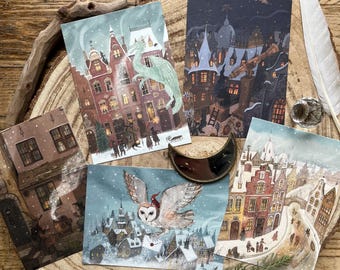 Whimsical Winter Postcards, Set of 5 Illustrated Art Cards, Snowy Village, Fantasy Christmas Scenes