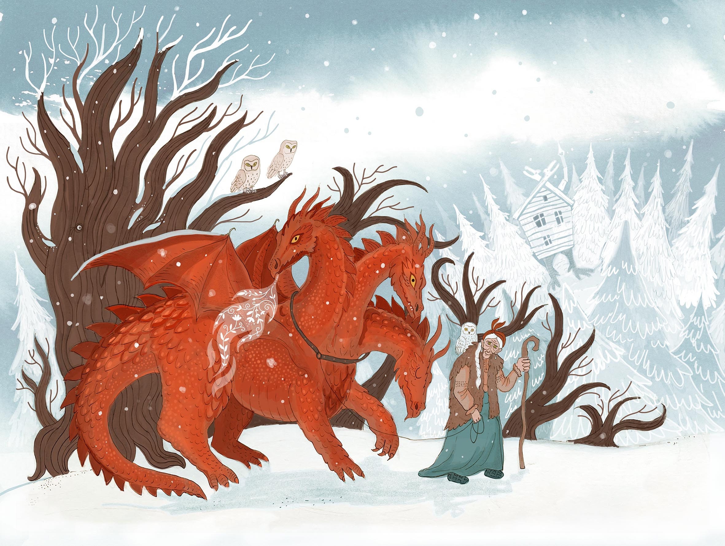 Baba Three Baba Yaga and Three-headed Dragon Art Print: Winter Folktale - Etsy
