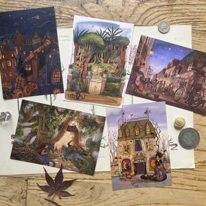 5 postcards set, Town of Magic, Haunted Mansions, Witches and Wizards Art