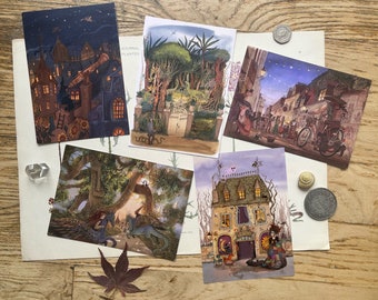 5 postcards set, Town of Magic, Haunted Mansions, Witches and Wizards Art
