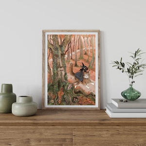 Forest Cat Rider - Poster della foresta incantata - Arte murale - Regalo per gli amanti delle fiabe - Arte per gli amanti dei gatti - Regalo per le streghe - Arte per la casa